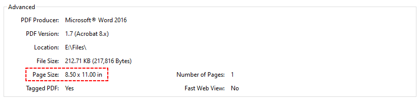 Proprietà del documento Acrobat che mostrano le dimensioni della pagina