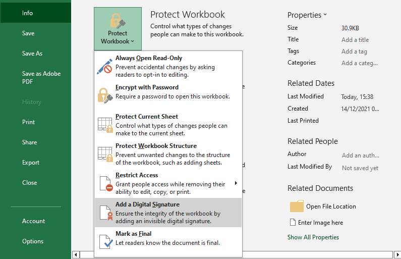 Excel-Dropdown-Menü „Arbeitsmappe schützen“ mit ausgewählter Option „Digitale Signatur hinzufügen“.