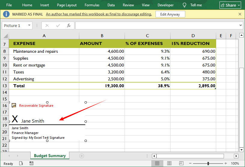 Excel-Arbeitsblatt mit einer sichtbaren Signaturzeile mit einem unterzeichneten Namen.