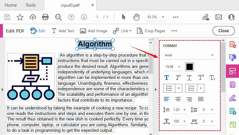 Modo de edição do Adobe Acrobat Pro mostrando o painel FORMATAR TEXTO à esquerda