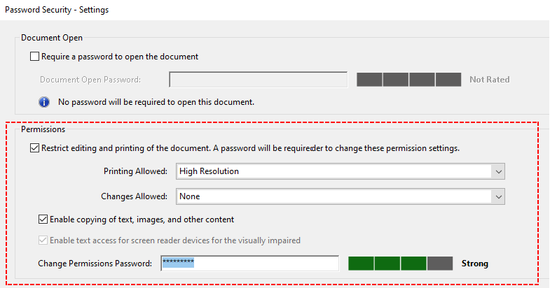 Janela de configurações de permissão do Adobe para impressão, cópia, preenchimento de formulários