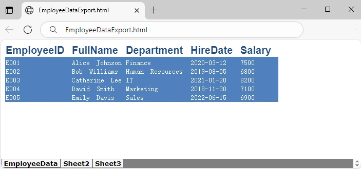 Результат сохранения Excel в HTML с использованием C#