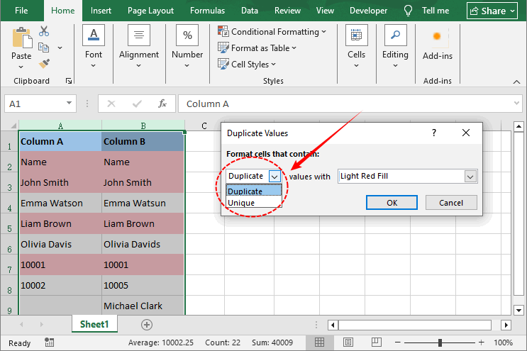 Excel conditional formatting to highlight matching values in light red