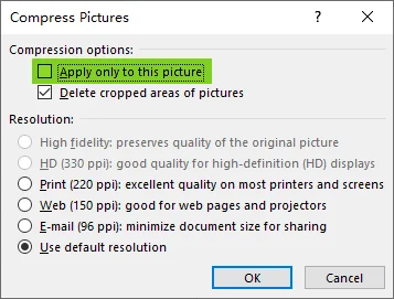 Désélectionnez l'option Appliquer uniquement à cette image pour compresser toutes les images PowerPoint