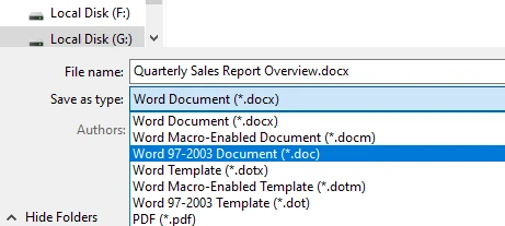 Sélection du format Microsoft Word