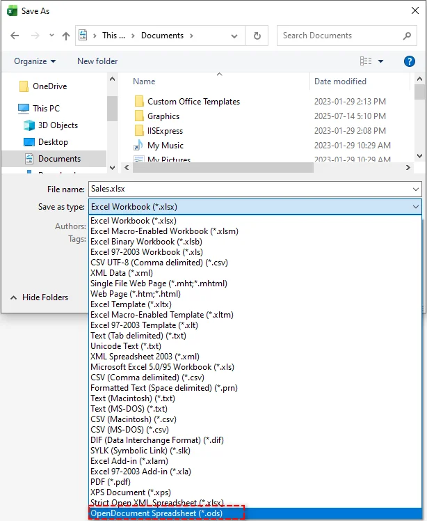 Enregistrer Excel en ODS avec Excel