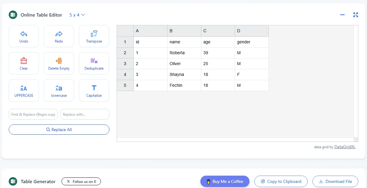 Aperçu du tableau Markdown converti en feuille de calcul Excel