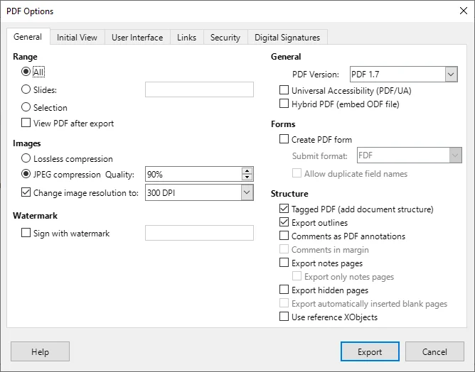 PDF 내보내기 설정을 사용자 지정하기 위한 LibreOffice 옵션 대화 상자