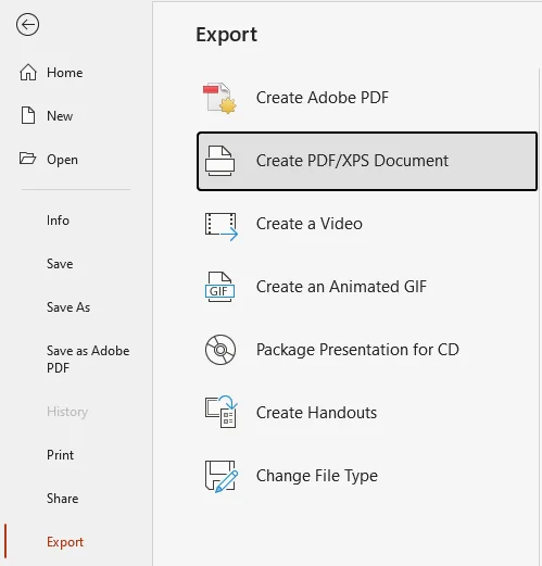 ODP를 PDF로 저장하기 위한 Microsoft PowerPoint PDF/XPS 문서 만들기 버튼