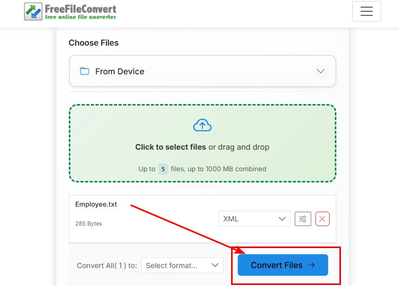 FreeFileConvert로 텍스트 파일을 XML로 변환