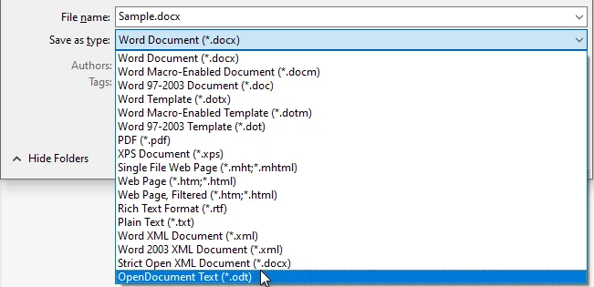 Сохранить Word как ODT в Microsoft Word
