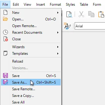 Экспорт Word в ODT с помощью LibreOffice