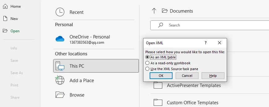 Open As an XML Table in Excel