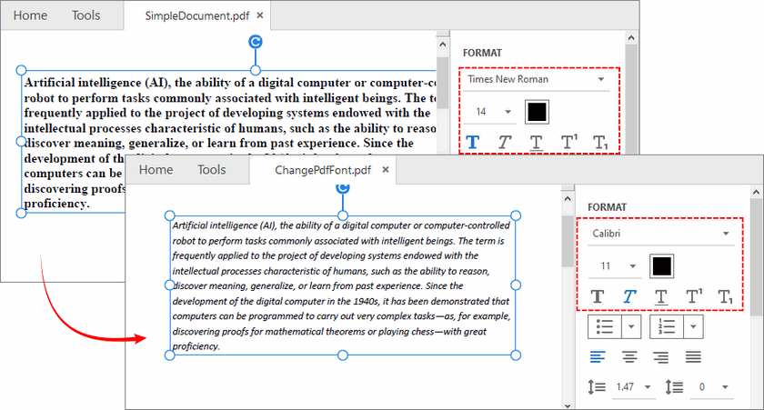 Antes e depois da substituição de fonte em PDF usando C#
