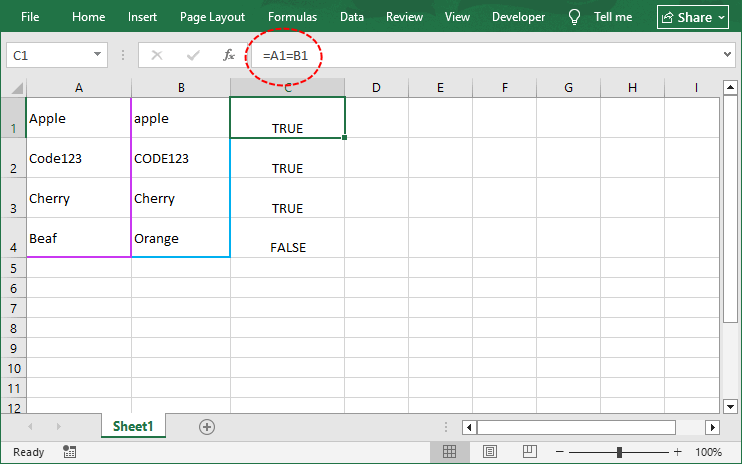 Excel equal operator formula for case-insensitive check
