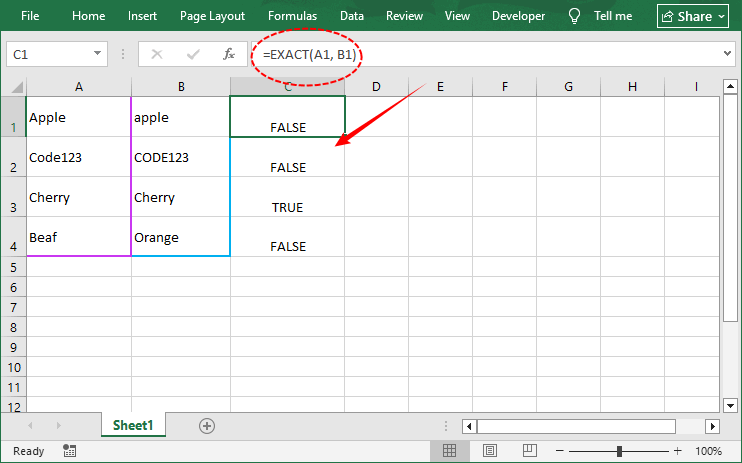Excel EXACT formula for case-sensitive check