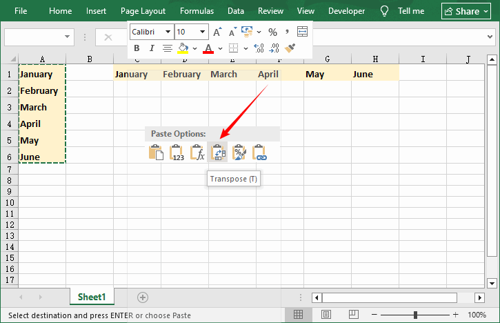 Inhalte einfügen und transponieren, um Spalten in Zeilen in Excel umzuwandeln