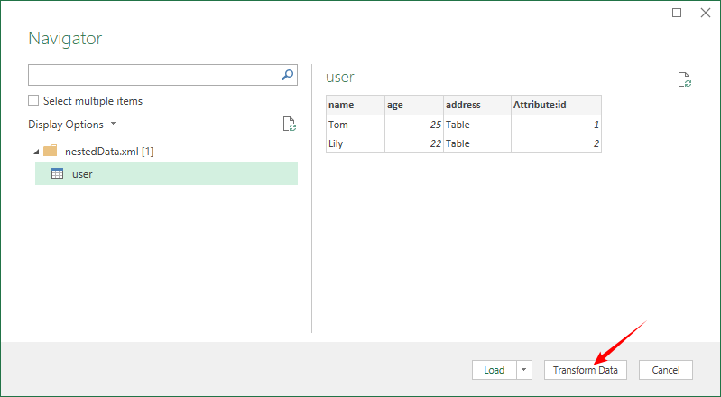 Power Query Navigator zeigt XML-Daten an