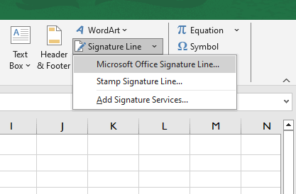 Excel-Registerkarte „Einfügen“ mit dem Dropdown-Pfeil „Signaturzeile“ und der Option „Microsoft Office-Signaturzeile“.
