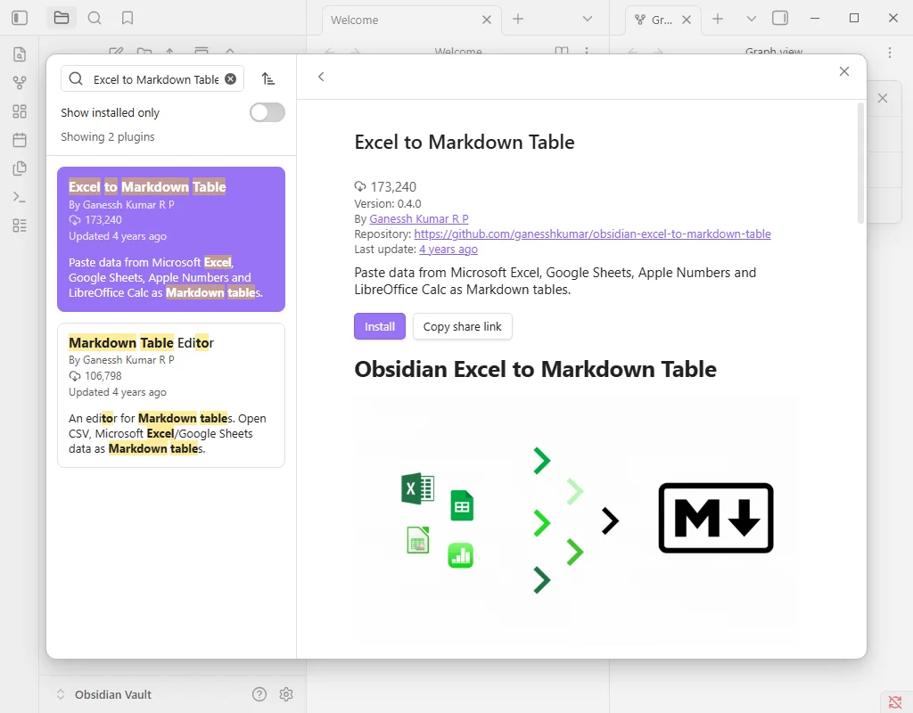 Rechercher le plugin Excel to Markdown Table dans Obsidian