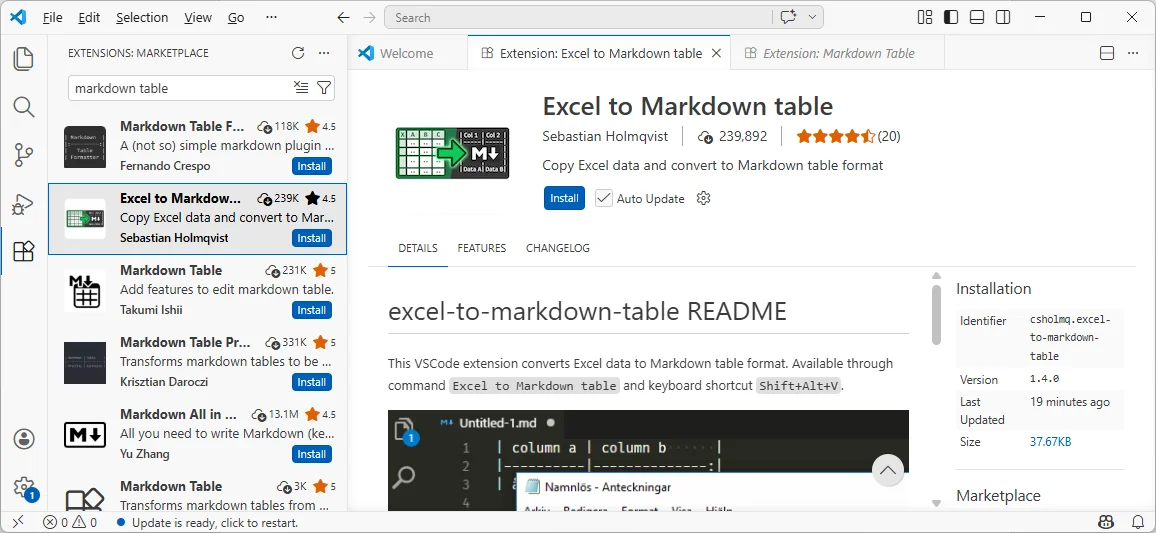 Convertir Excel en Tableau Markdown avec l'extension VS Code