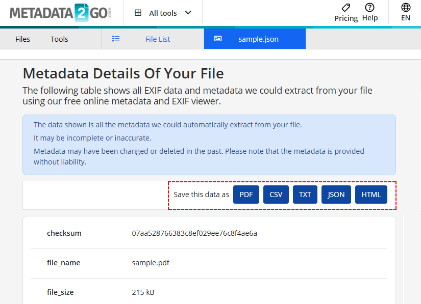 Metadata2Go 온라인 PDF 메타데이터 추출기 인터페이스.