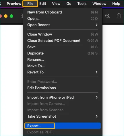 Click File then Export in Preview