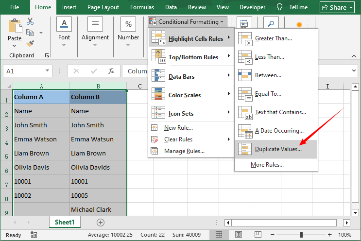 Excel conditional formatting dialog to find duplicate values between two columns
