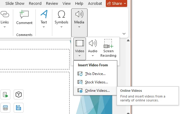 PowerPoint 온라인 비디오 삽입 메뉴