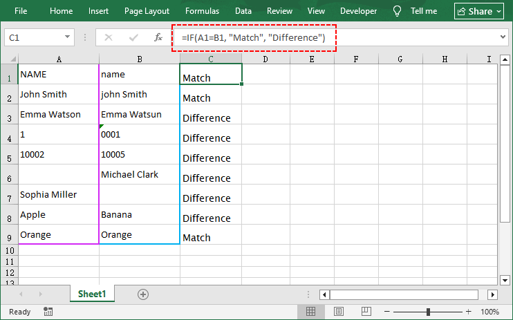 Excel IF formula showing ‘Match’ or ‘Difference’