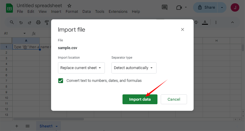 Google Sheets-Importeinstellungen-Popup.