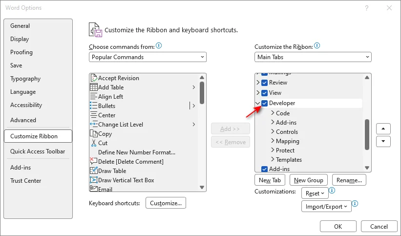 Entwicklertools in Word aktivieren, um Kontrollkästchen einzufügen