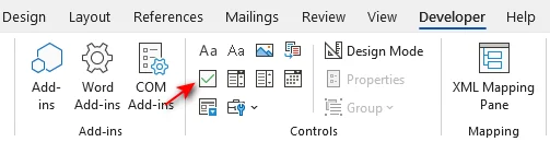 Klicken Sie auf das Kontrollkästchen-Inhaltssteuerelement-Symbol in der Word-Entwicklertools-Registerkarte
