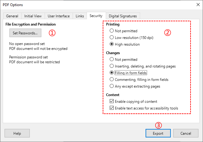 Guia de Segurança de Opções de PDF do LibreOffice para personalizar permissões