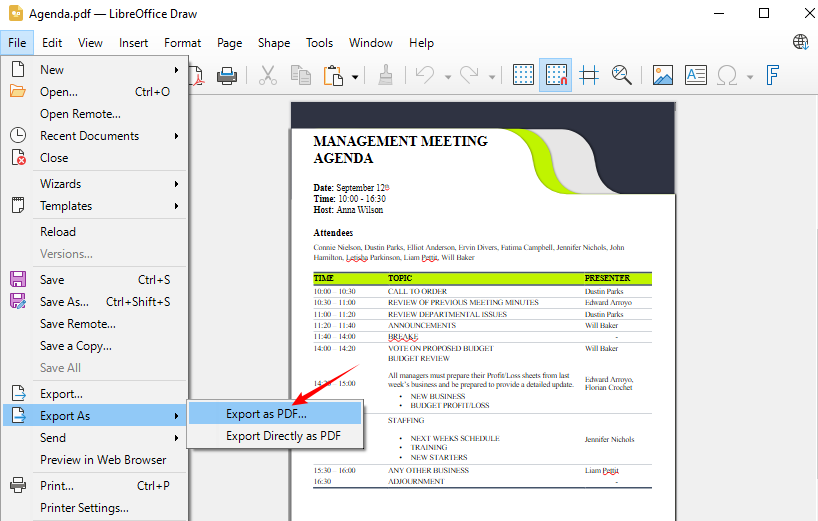 Opção de menu Exportar como PDF do LibreOffice Draw