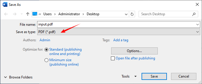 Diálogo Salvar como do Word com o formato PDF selecionado.