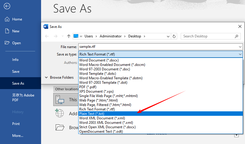 Microsoft Word에서 일반 텍스트로 저장 옵션