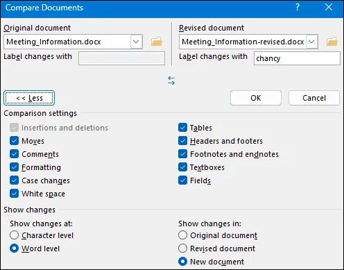 impostare lo strumento integrato per confrontare due diversi documenti word