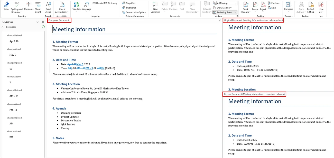 risultato del confronto integrato di microsoft word