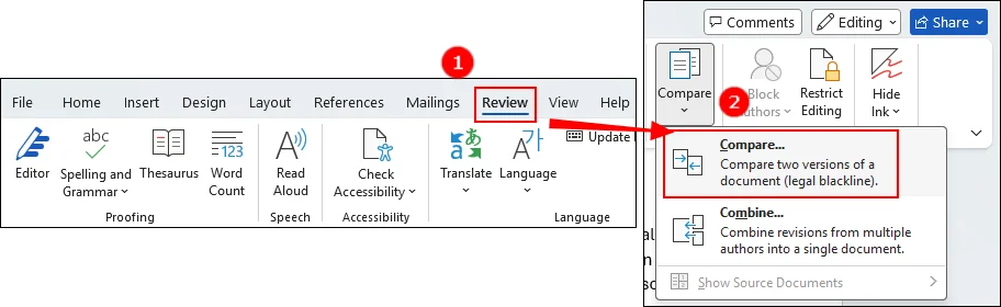 utilizzare lo strumento integrato per confrontare due diversi documenti word