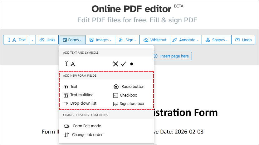 Поля форм PDF в онлайн-редакторе PDF Sejda