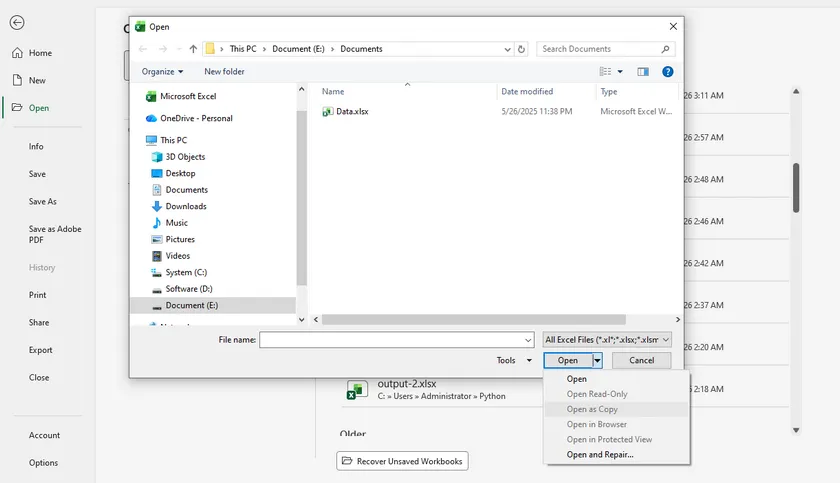 Abrir um Arquivo do Excel como Cópia