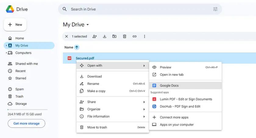 Ouvrir un PDF avec Google Docs