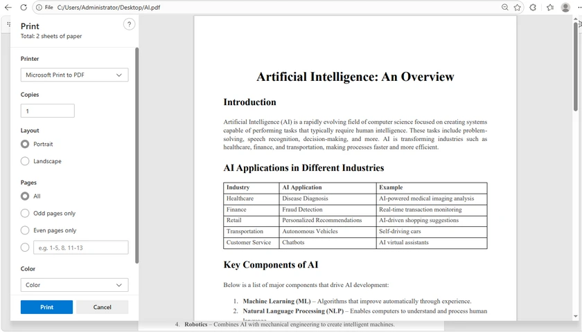 Печать PDF-документов с помощью Edge