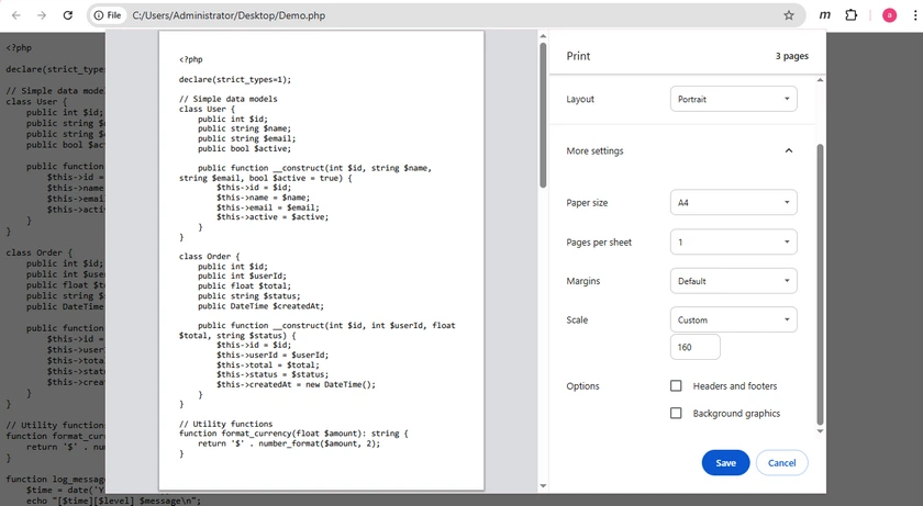 PHP-Code in einem Browser als PDF drucken