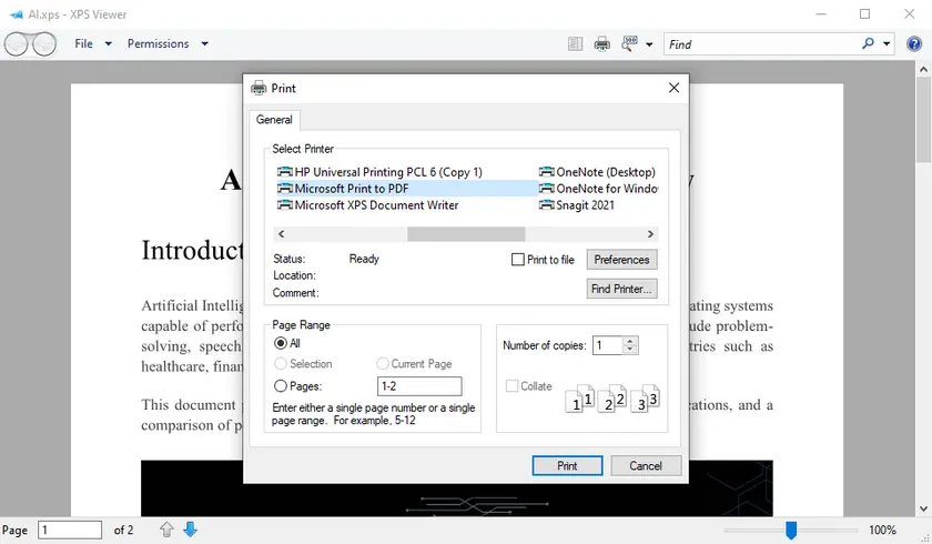 Imprimer XPS en PDF sous Windows