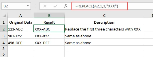 Screenshot zeigt das Ergebnis nach dem Ersetzen von Text in Excel mit der REPLACE-Funktion