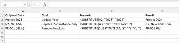 Screenshot zeigt das Ergebnis nach dem Ersetzen von Text in Excel mit der SUBSTITUTE-Funktion