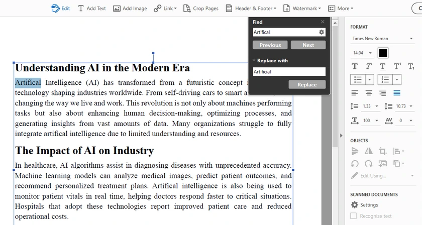 Remplacer le texte dans un PDF avec Adobe