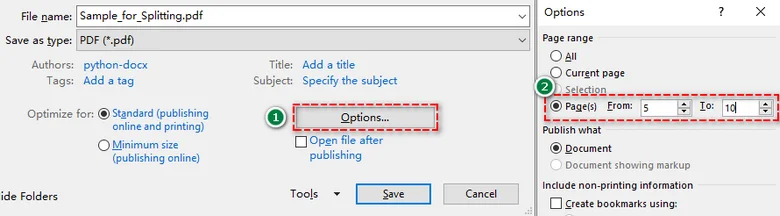 Selecionar intervalo de páginas nas opções de PDF para extrair páginas específicas